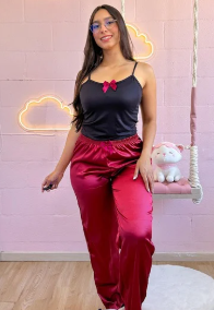 Pijama pantalón satín y camisa tiras Luna069