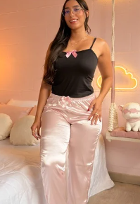 Pijama pantalón satín y camisa tiras Luna069
